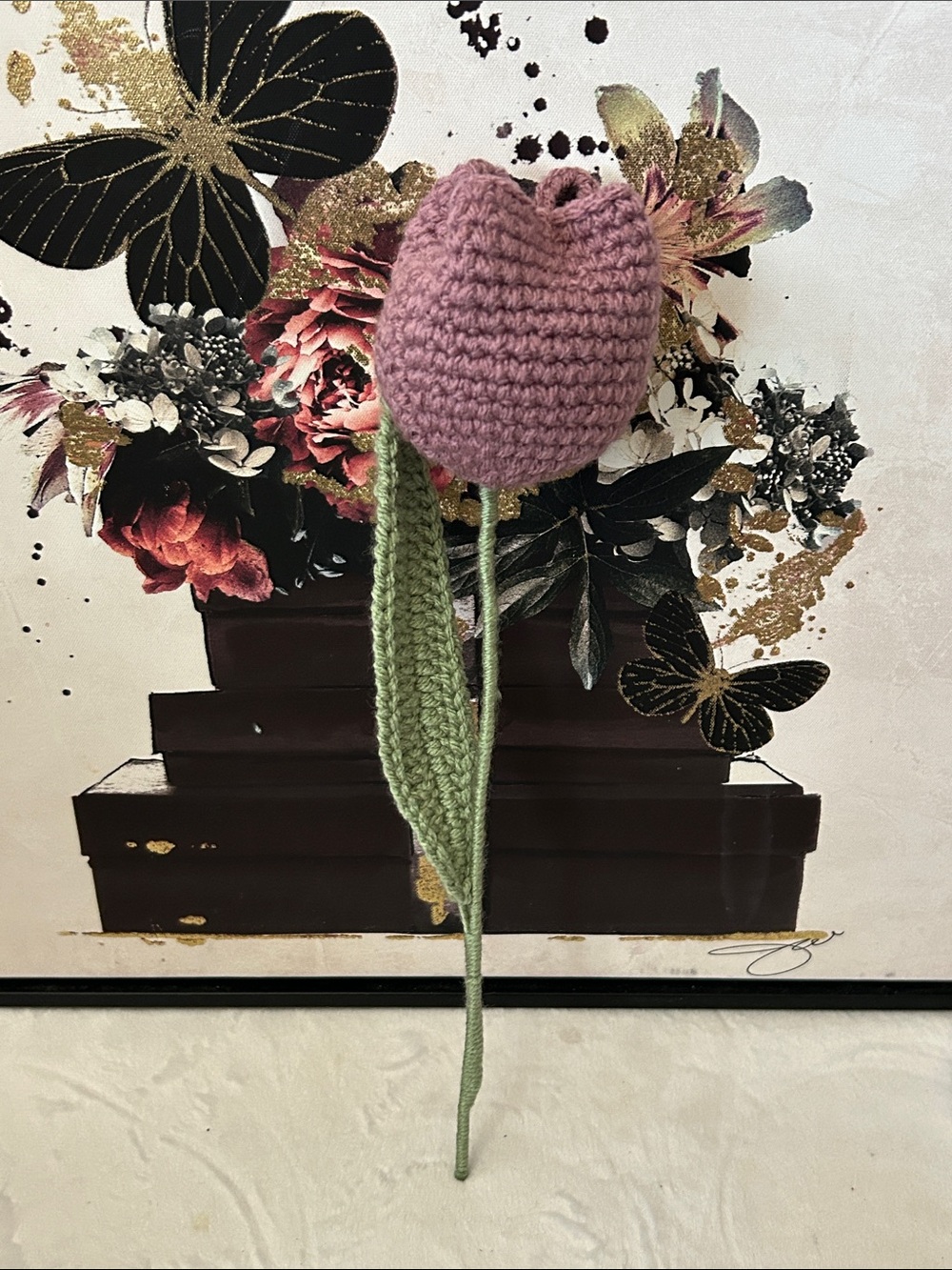 Handmade Crocheted Tulip Flower in Mauve and Green - Home Art Fiber Arts